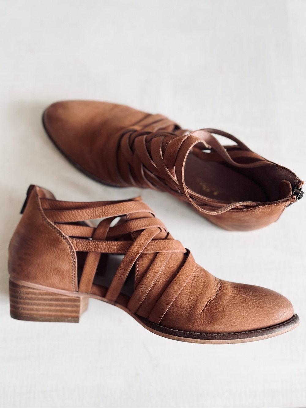 [Anthro] Seychelles So Blue Leather Cross Open Weave Ankle Boots